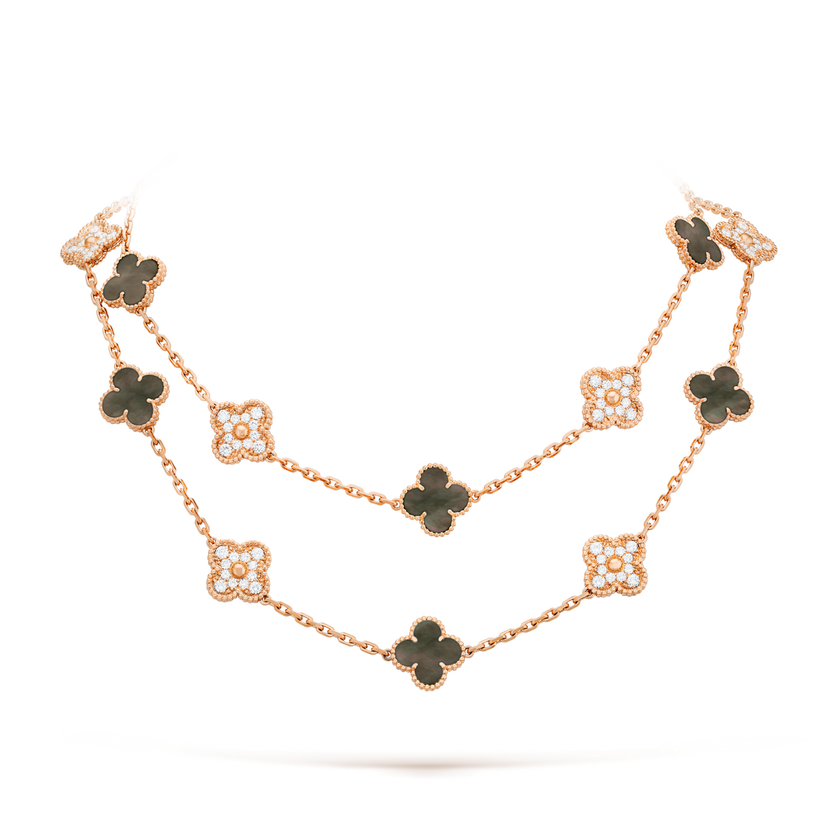 [ORA]CLOVER 20 MOTIVE DUNKLES PERLMUTT DIAMANT-HALSKETTE
