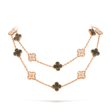 [ORA]CLOVER 20 MOTIVE DUNKLES PERLMUTT DIAMANT-HALSKETTE