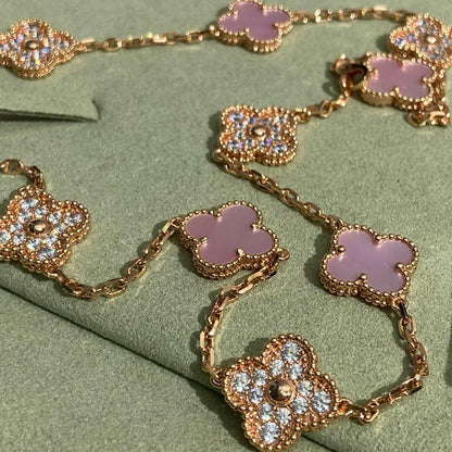 [ORA]CLOVER 10 MOTIFS DIAMOND PINK MOP NECKLACE