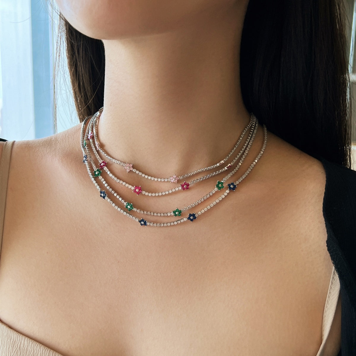 [ORA ]Luxurious Colorful Flower Tennis Necklace