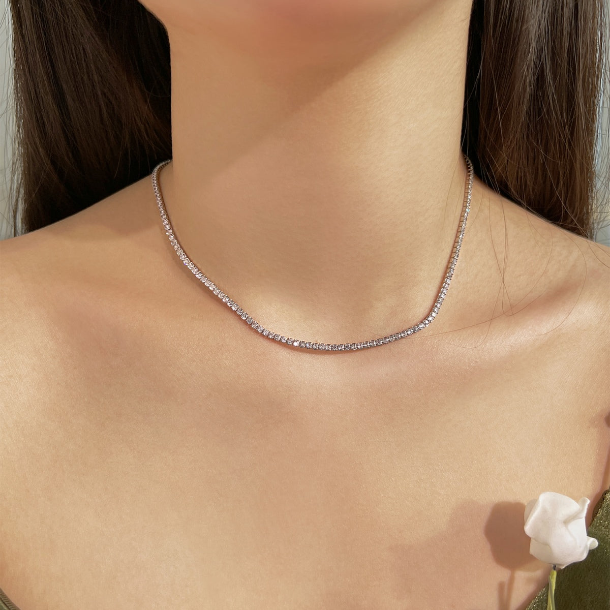 [ORA ]Delicate Round Shape Tennis Necklace
