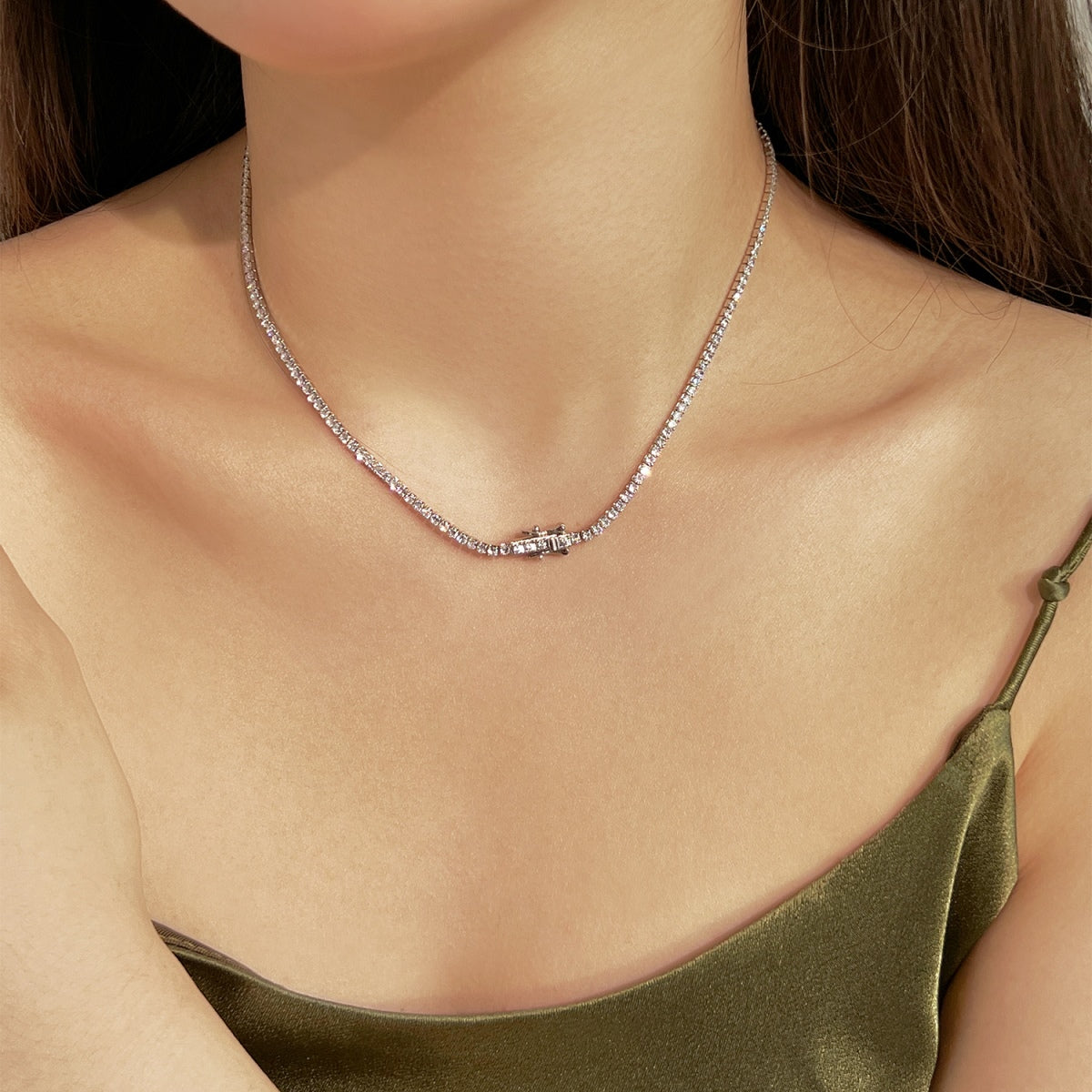 [ORA ]Delicate Round Shape Tennis Necklace