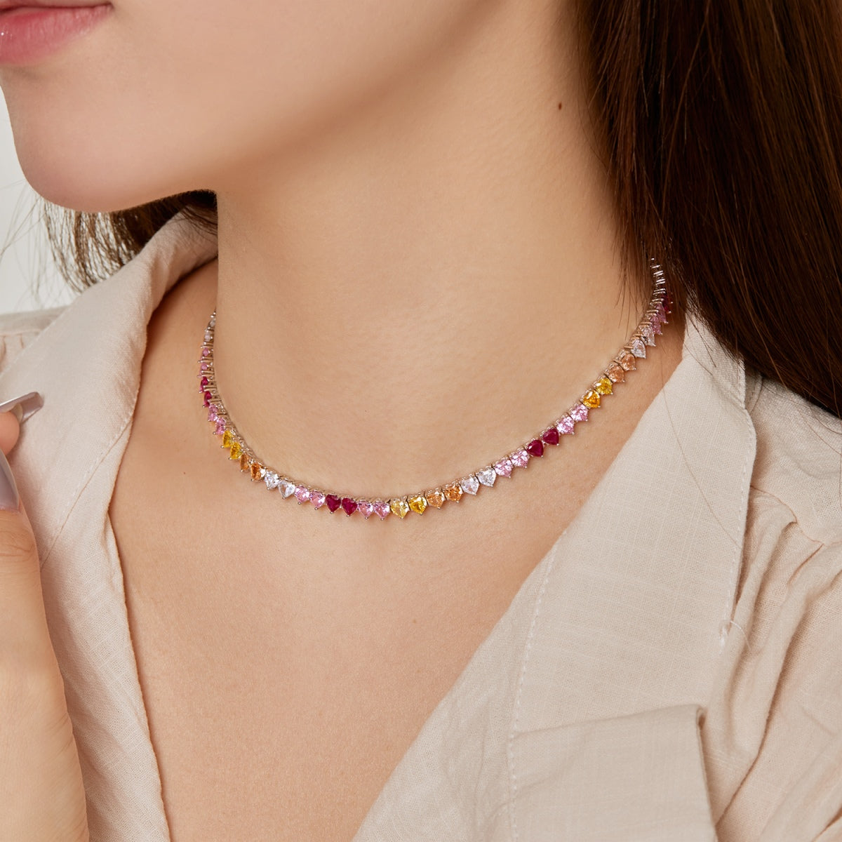 [ORA ]Sparkling Colorful Full Heart Tennis Necklace