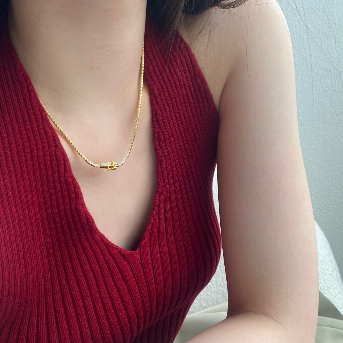 [ORA ]Delicate Round Shape Tennis Necklace
