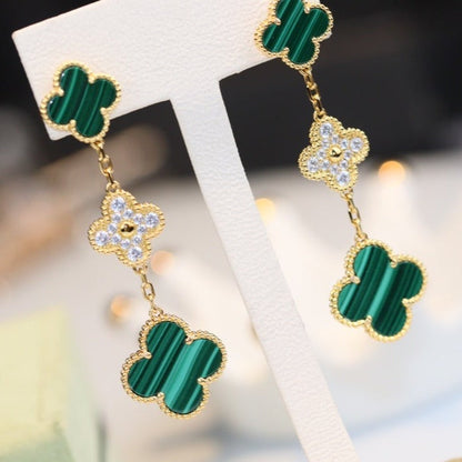 [ORA]CLOVER EARRINGS GOLD MALACHITE DIAMOND 3 MOTIF