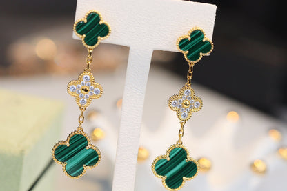 [ORA]CLOVER EARRINGS GOLD MALACHITE DIAMOND 3 MOTIF
