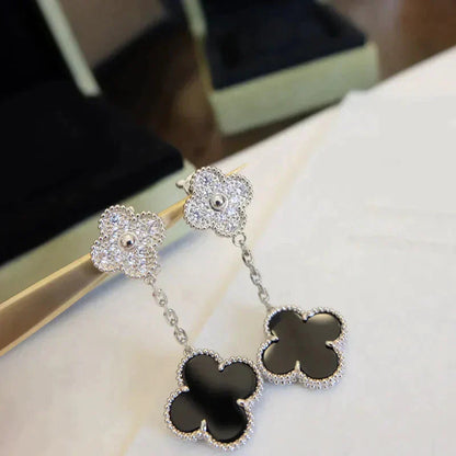 [ORA]CLOVER 2 MOTIFS  DIAMOND ONYX EARRINGS SILVER