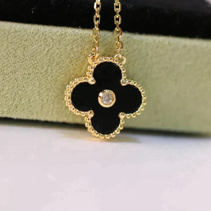 [ORA]CLOVER 15MM DIAMOND ONYX NECKLACE