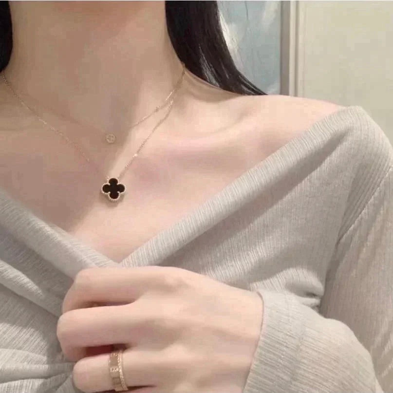 [ORA]CLOVER 15MM BLACK ONYX SINGLE FLOWER NECKLACE