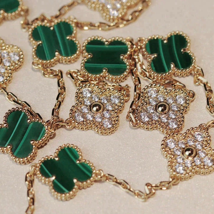 [ORA]CLOVER 20 MOTIFS MALACHITE DIAMOND NECKLACE