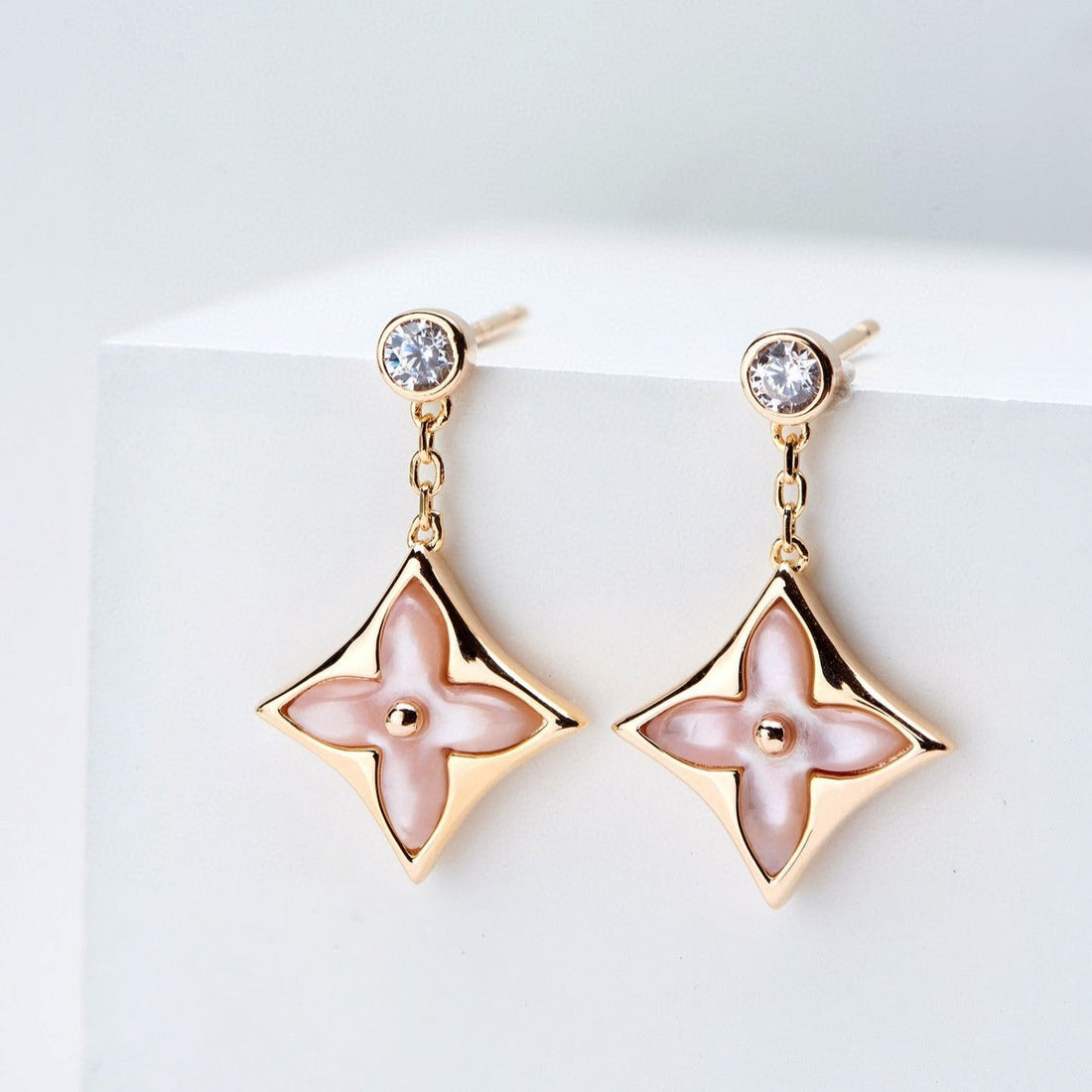[ORA]DOUBLE STAR PINK GOLD MOP DROP EARRINGS