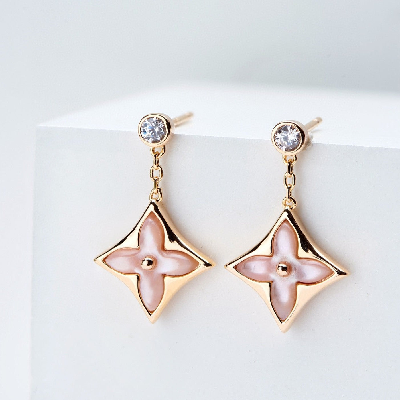 [ORA]DOUBLE STAR PINK GOLD MOP DROP EARRINGS