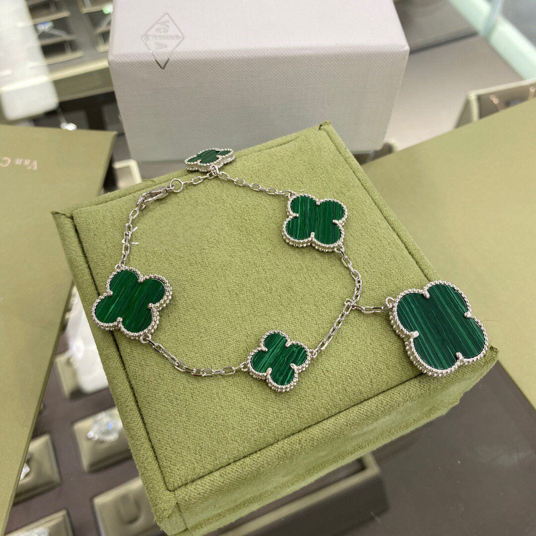 [ORA]CLOVER 5 MOTIFS SIVLER MALACHITE BRACELET