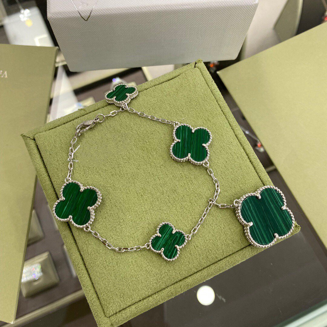 [ORA]CLOVER 5 MOTIFS SIVLER MALACHITE BRACELET