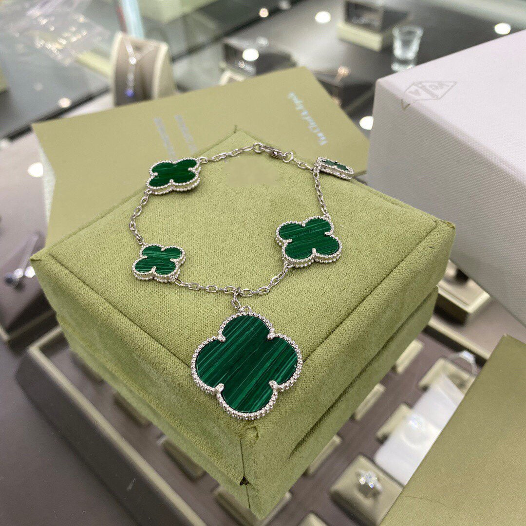 [ORA]CLOVER 5 MOTIFS SIVLER MALACHITE BRACELET