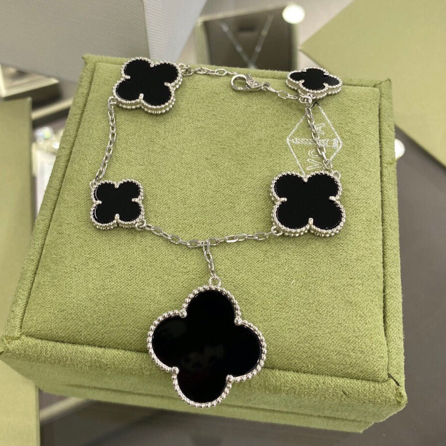 [ORA]CLOVER 5 MOTIFS SIVLER ONYX BRACELET