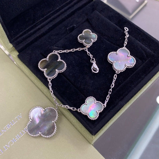 [ORA]CLOVER 5 MOTIFS SIVLER DARK MOP BRACELET