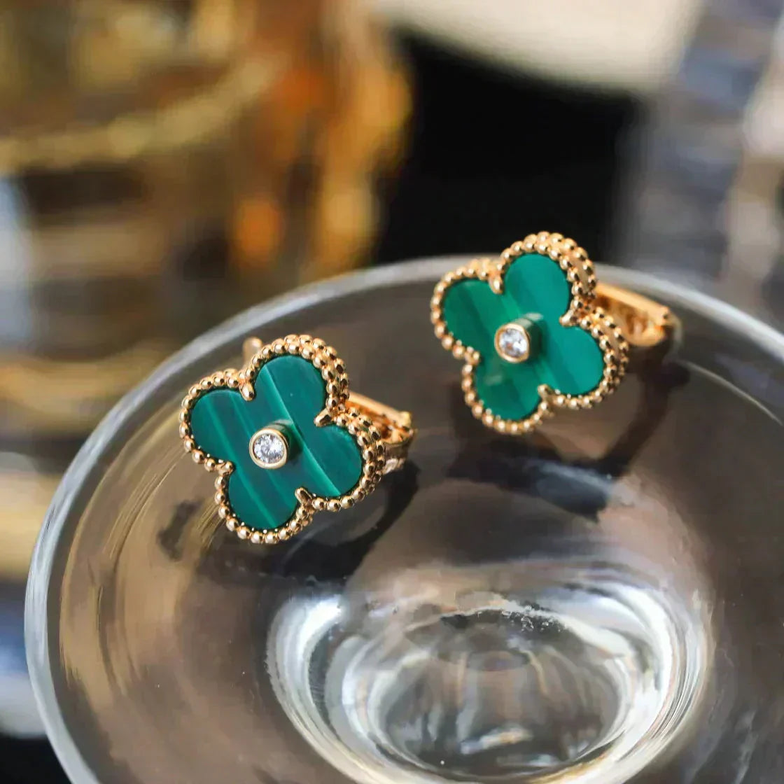 [ORA]CLOVER MEDIUM 1 MOTIFS MALACHITE DIAMOND EARRINGS