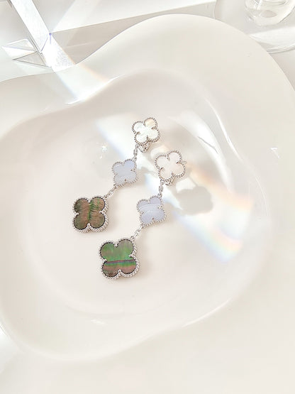 [ORA]CLOVER 3 MOTIFS CHALCEDONY DARK MOP SILVER EARRINGS
