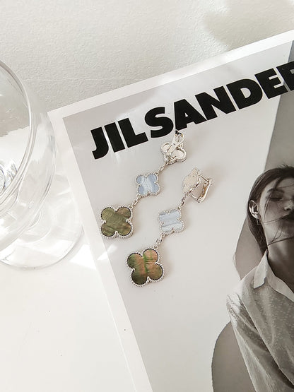 [ORA]CLOVER 3 MOTIFS CHALCEDONY DARK MOP SILVER EARRINGS