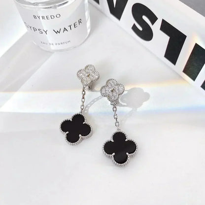 [ORA]CLOVER 2 MOTIFS  DIAMOND ONYX EARRINGS SILVER