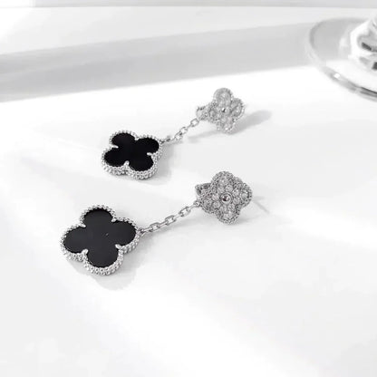[ORA]CLOVER 2 MOTIFS  DIAMOND ONYX EARRINGS SILVER