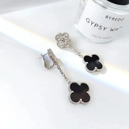 [ORA]CLOVER 2 MOTIFS  DIAMOND ONYX EARRINGS SILVER