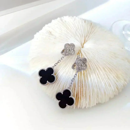 [ORA]CLOVER 2 MOTIFS  DIAMOND ONYX EARRINGS SILVER