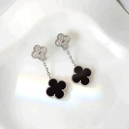 [ORA]CLOVER 2 MOTIFS  DIAMOND ONYX EARRINGS SILVER
