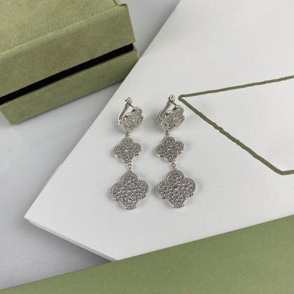 [ORA]CLOVER 3 MOTIF DIAMOND SILVER DROP EARRINGS