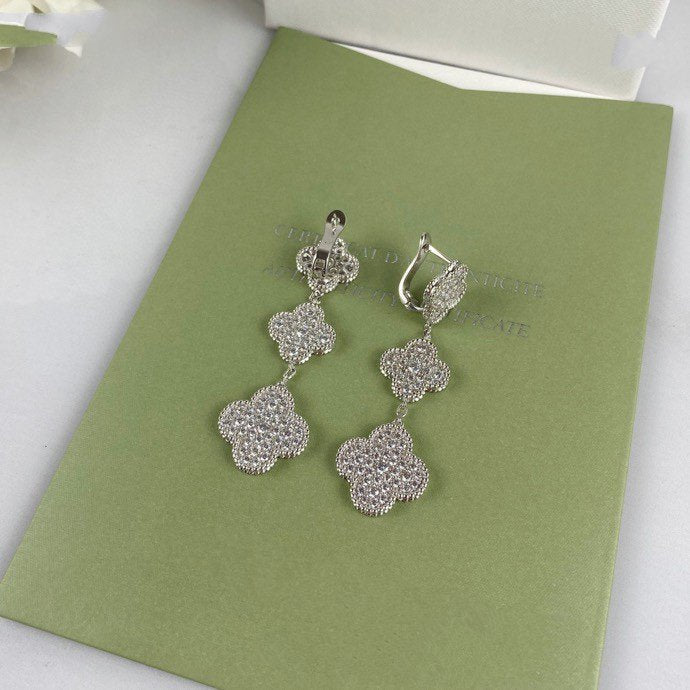 [ORA]CLOVER 3 MOTIF DIAMOND SILVER DROP EARRINGS