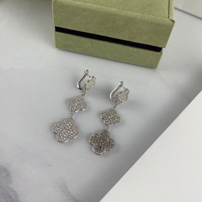 [ORA]CLOVER 3 MOTIF DIAMOND SILVER DROP EARRINGS