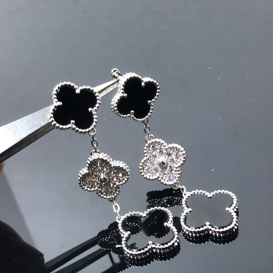 [ORA]CLOVER 3 MOTIF DIAMOND ONYX SILVER EARRINGS