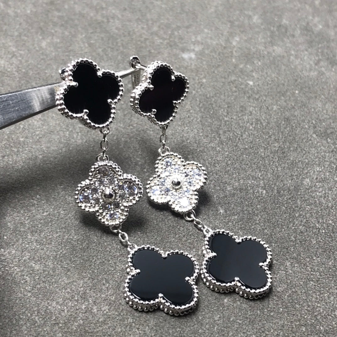 [ORA]CLOVER 3 MOTIF DIAMOND ONYX SILVER EARRINGS