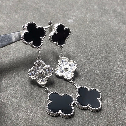 [ORA]CLOVER 3 MOTIF DIAMOND ONYX SILVER EARRINGS
