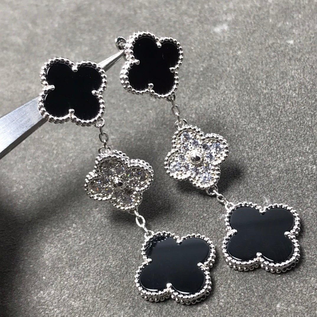 [ORA]CLOVER 3 MOTIF DIAMOND ONYX SILVER EARRINGS