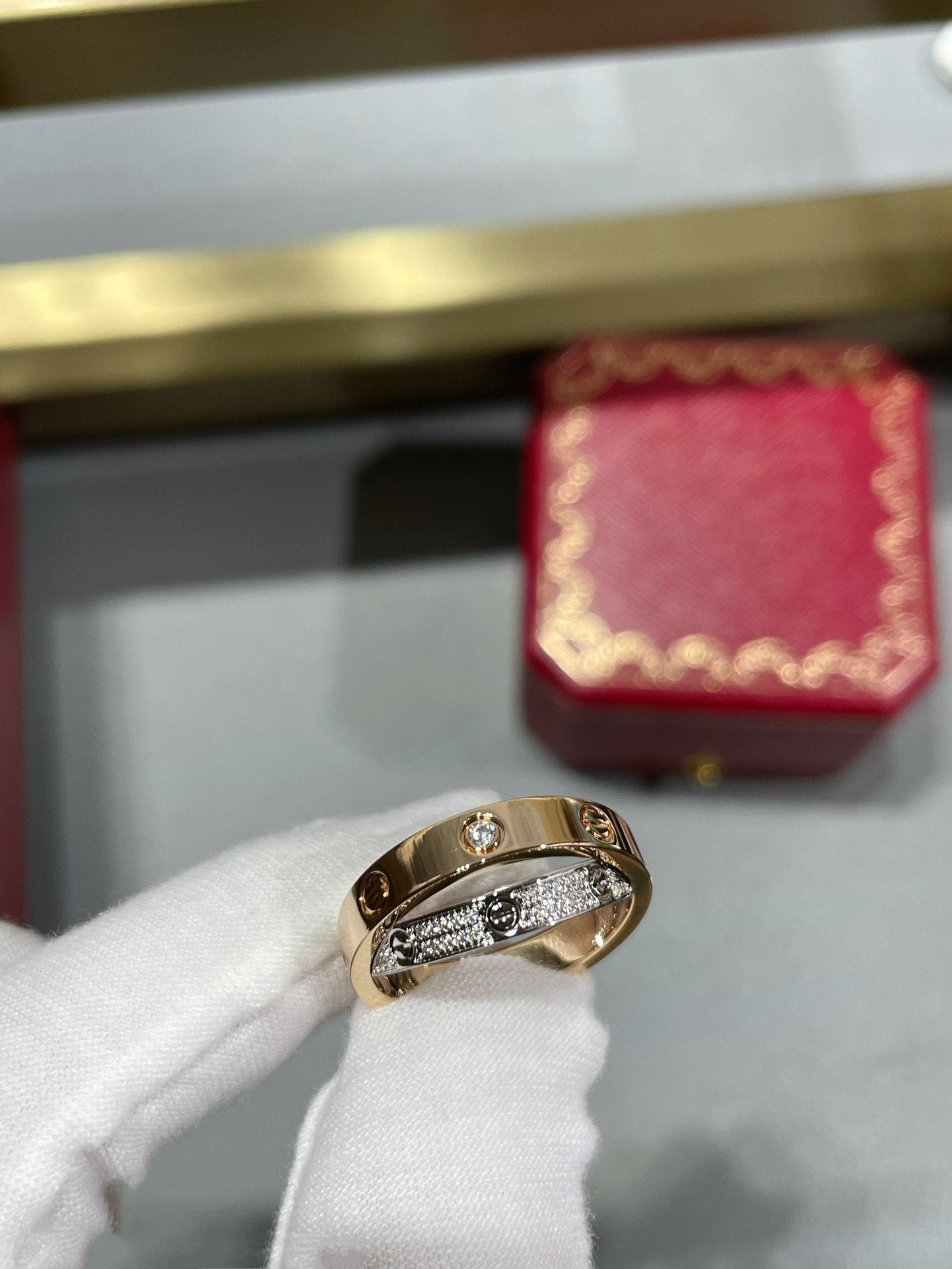 [ORA]LOVE PINK GOLD SILVER DIAMOND DOUBLE RING