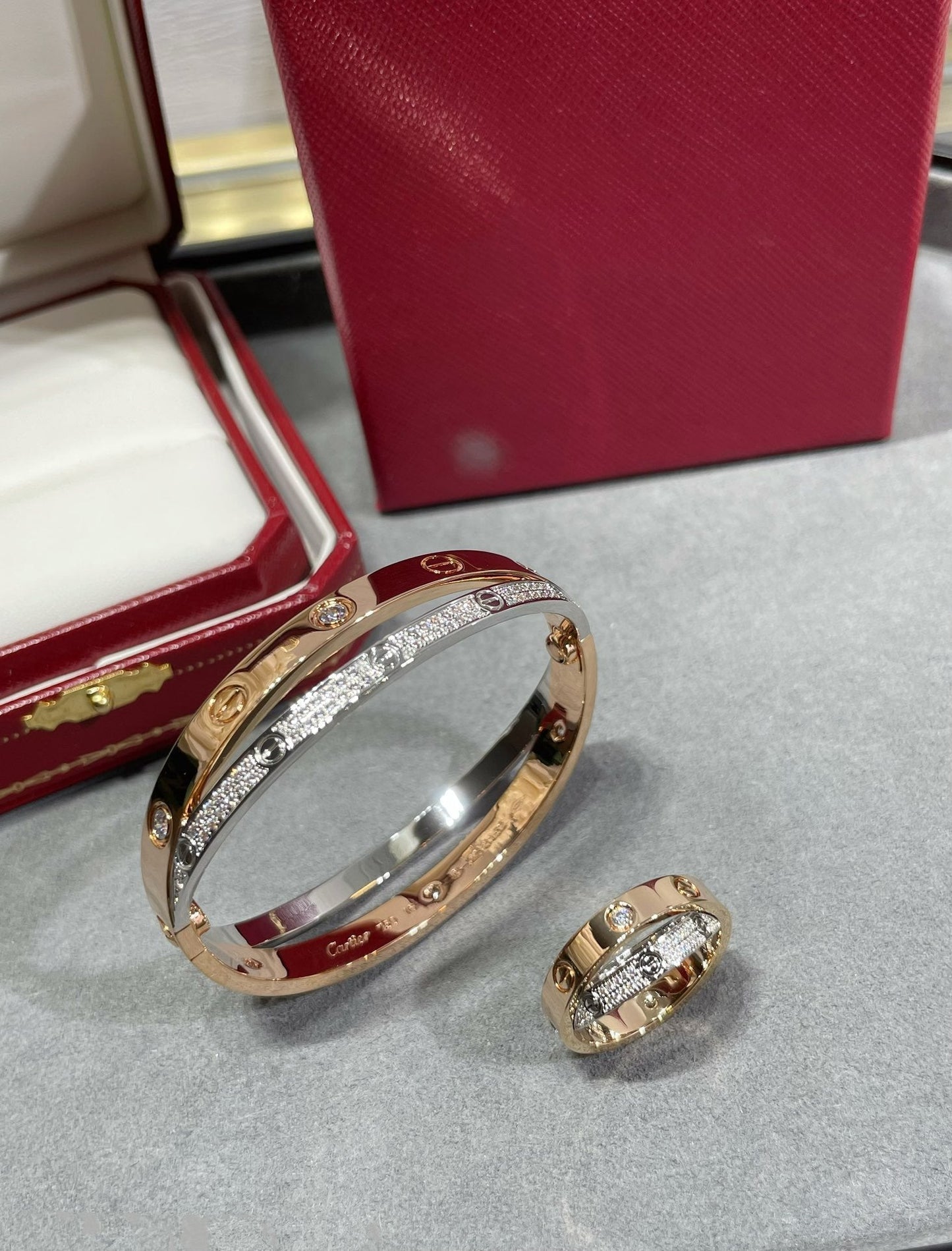 [ORA]LOVE PINK GOLD SILVER DIAMOND DOUBLE RING
