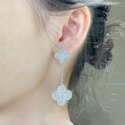 [ORA]CLOVER 2 MOTIFS DIAMOND PAVED SILVER EARRINGS