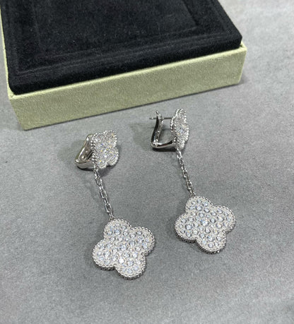 [ORA]CLOVER 2 MOTIFS DIAMOND PAVED SILVER EARRINGS