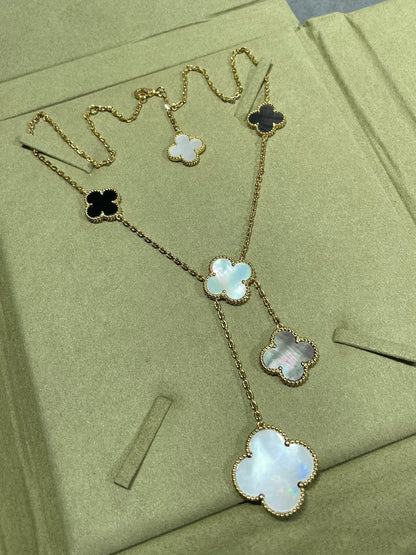 [ORA]CLOVER 6 MOTIF MOP ONYX GOLD NECKLACE
