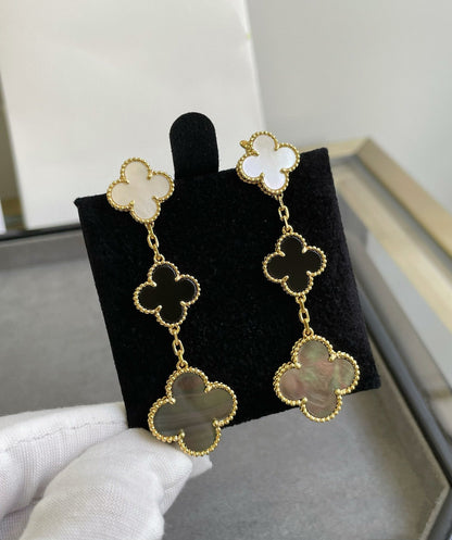 [ORA]CLOVER 3 MOTIF MOP ONYX DARK MOP PINK GOLD EARRINGS