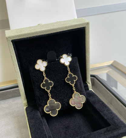 [ORA]CLOVER 3 MOTIF MOP ONYX DARK MOP PINK GOLD EARRINGS