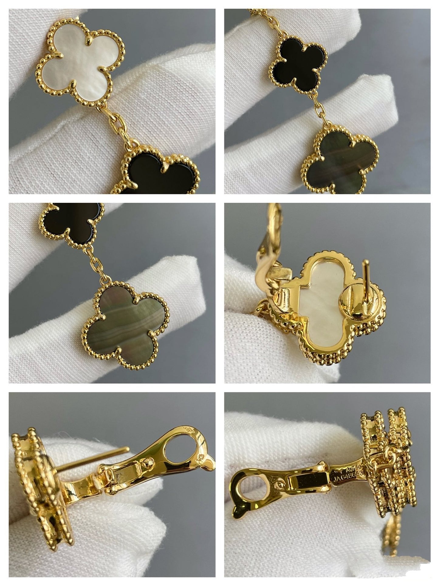 [ORA]CLOVER 3 MOTIF MOP ONYX DARK MOP PINK GOLD EARRINGS