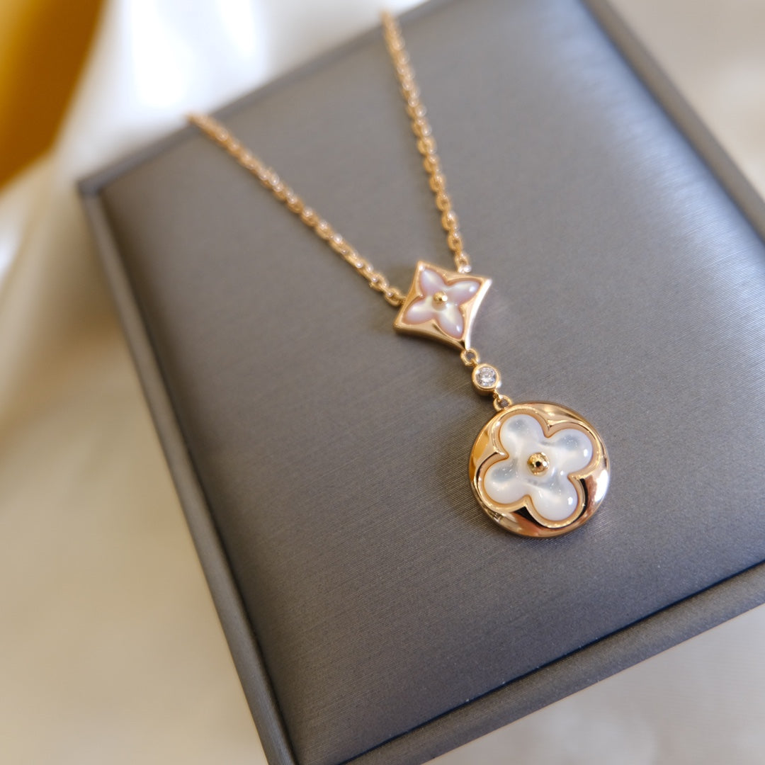 [ORA]STAR AND SUN WHITE MOP 2 MOTIF PINK GOLD NECKLACE
