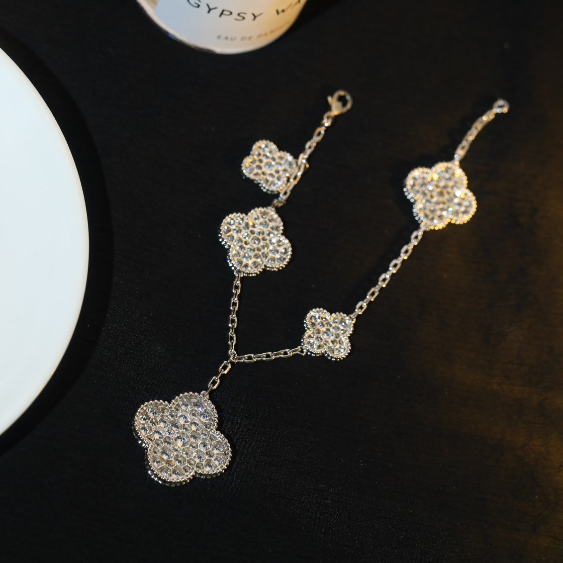 [ORA]CLOVER BRACELET 5 MOTIF SILVER DIAMOND PAVED
