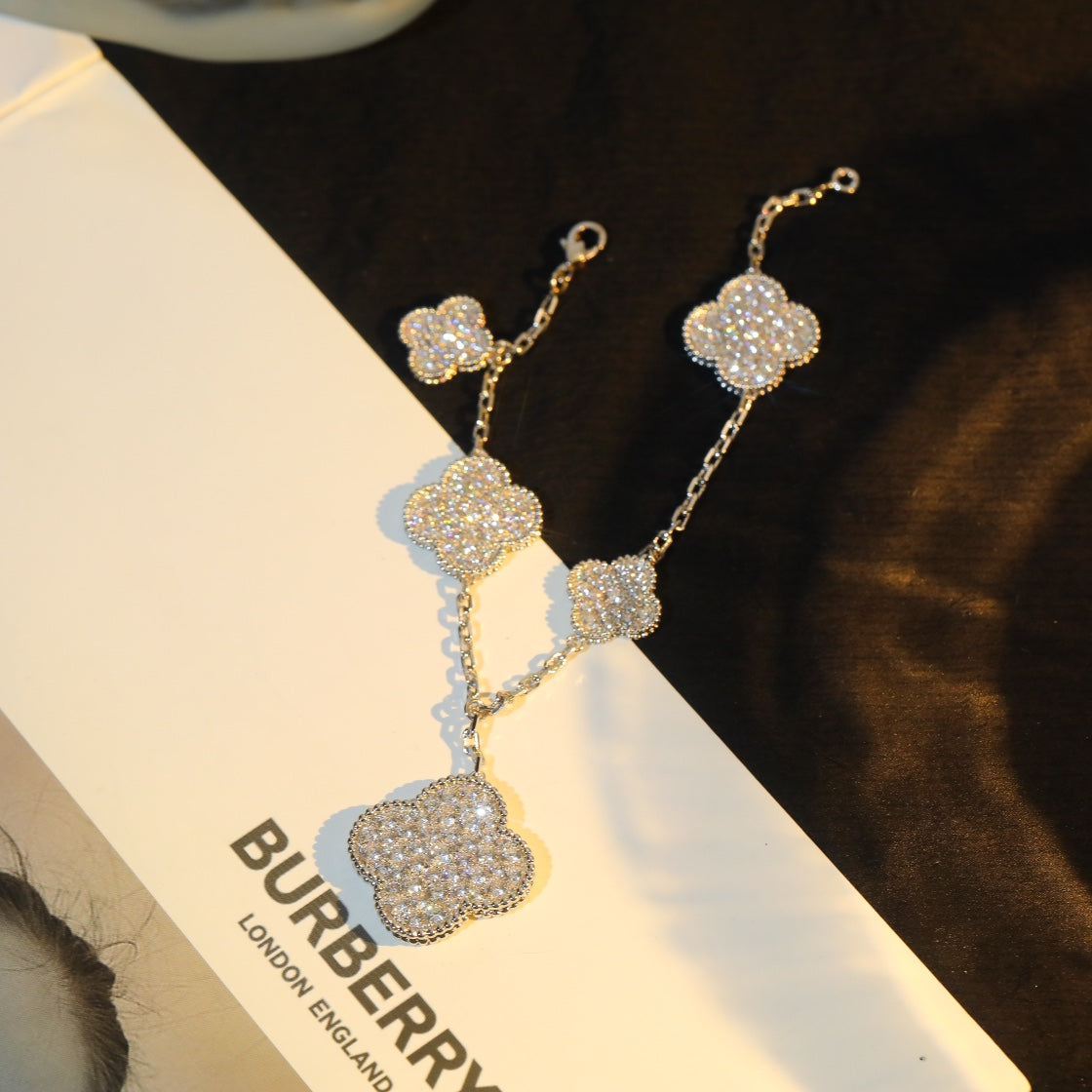 [ORA]CLOVER BRACELET 5 MOTIF SILVER DIAMOND PAVED