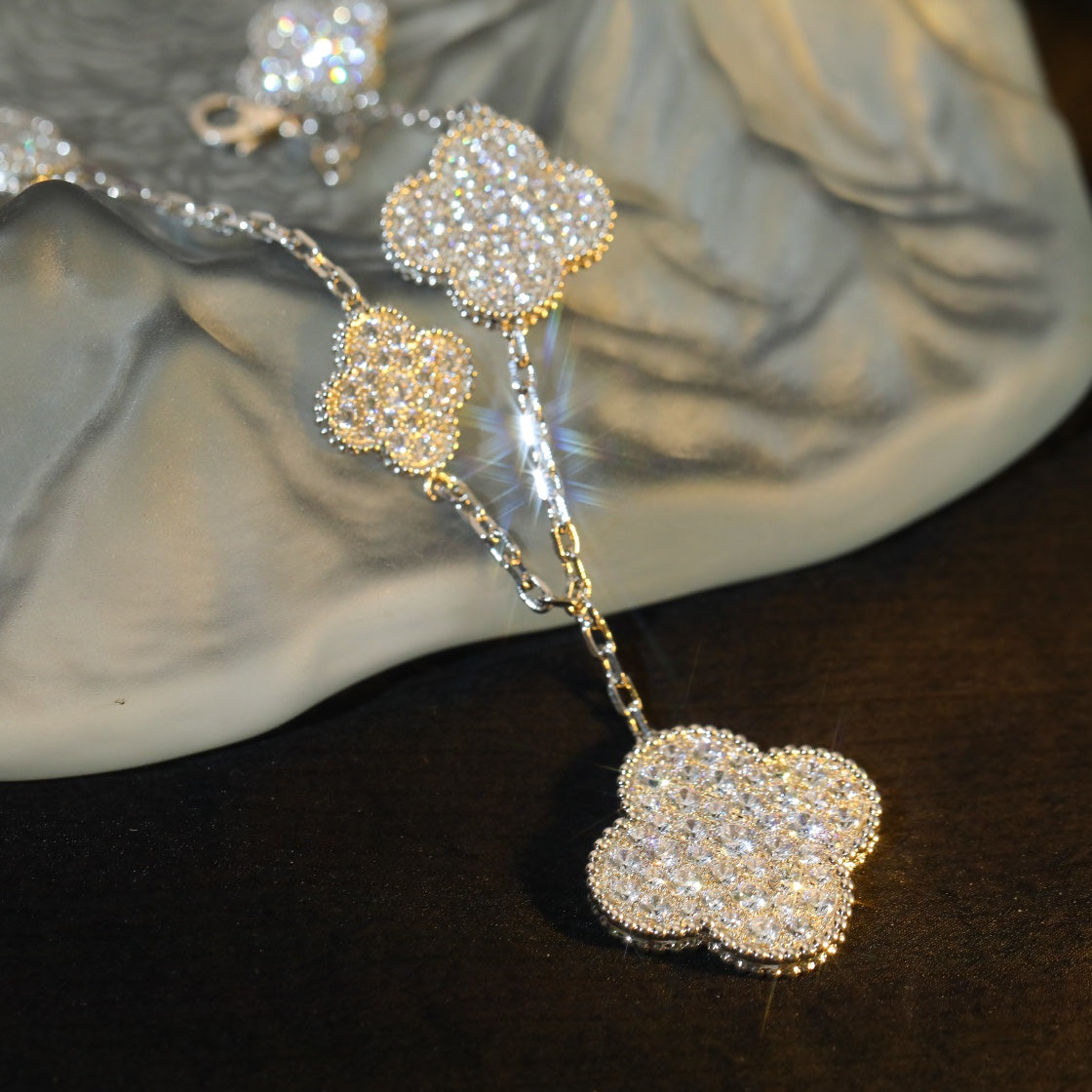 [ORA]CLOVER BRACELET 5 MOTIF SILVER DIAMOND PAVED