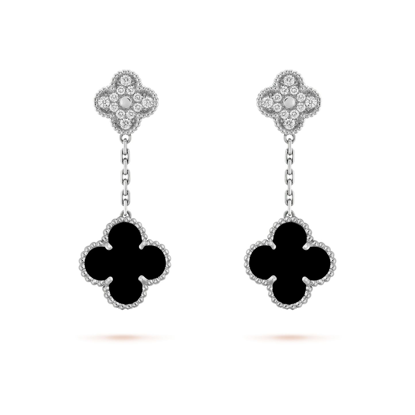 [ORA]CLOVER 2 MOTIFS  DIAMOND ONYX EARRINGS SILVER
