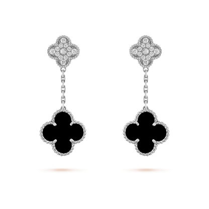 [ORA]CLOVER 2 MOTIFS  DIAMOND ONYX EARRINGS SILVER